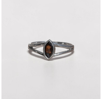 Bague pierre navette Quartz fumé anneau double en argent T57/59
