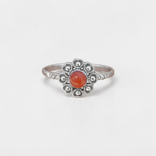 Petite bague fleur argent et pierre ronde Cornaline T52/54/57