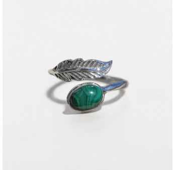 Bague plume en argent et pierre ovale Malachite T52/55/57/58