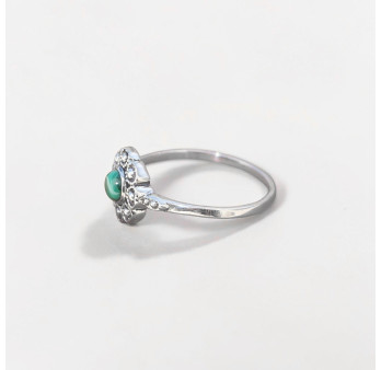 Petite bague fleur argent et pierre ronde Malachite T57