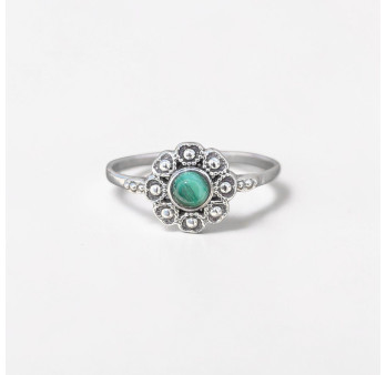 Petite bague fleur argent et pierre ronde Malachite T57