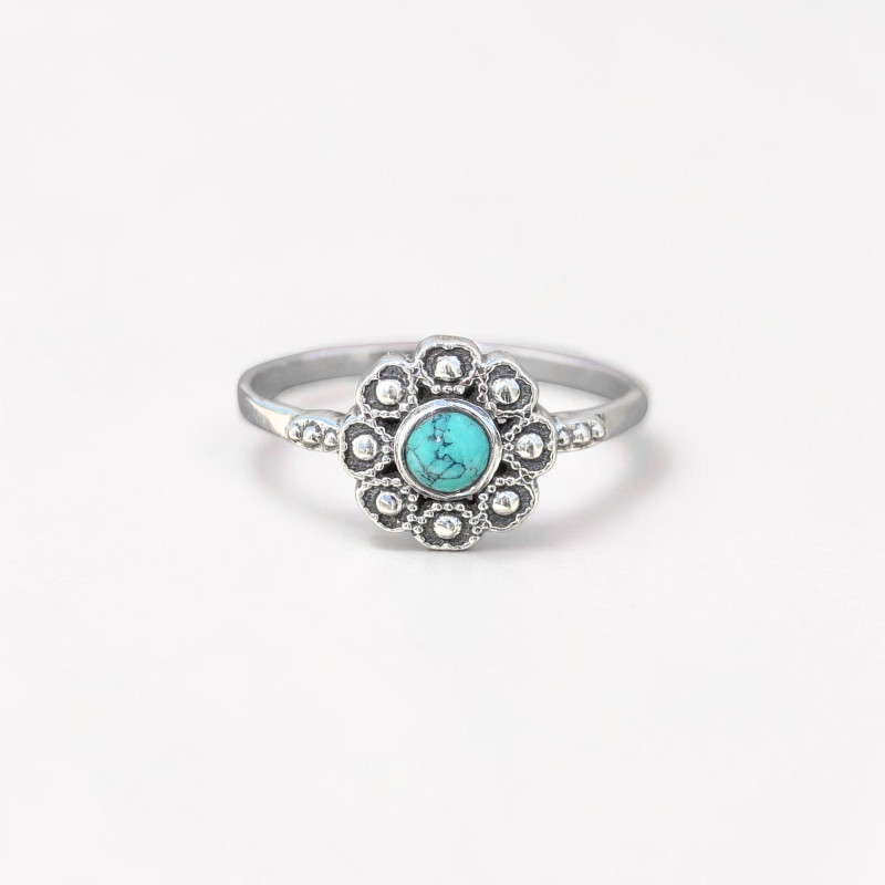 Petite bague fleur argent et pierre ronde Howlite bleue T52/54/57/59