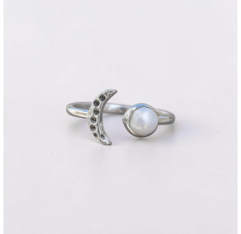 Bague fine lune argent et Perle de culture ronde T50/55/57/58
