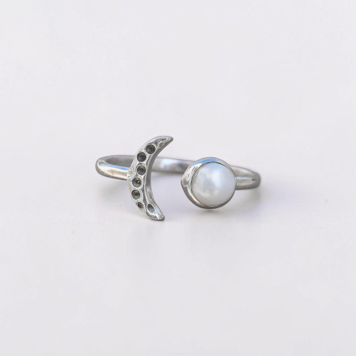 Bague fine lune argent et Perle de culture ronde T50/55/57/58