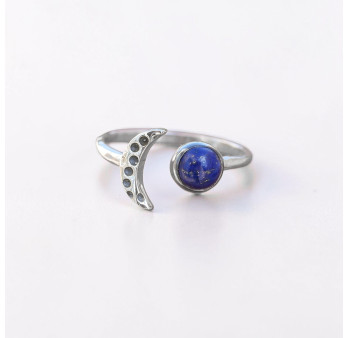 Bague fine lune argent et pierre ronde Lapis lazuli T50/52/54/57/60