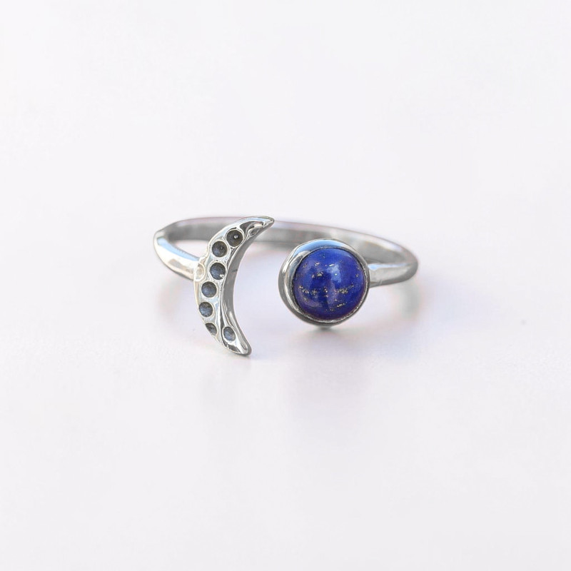 Bague fine lune argent et pierre ronde Lapis lazuli T50/52/54/57/60