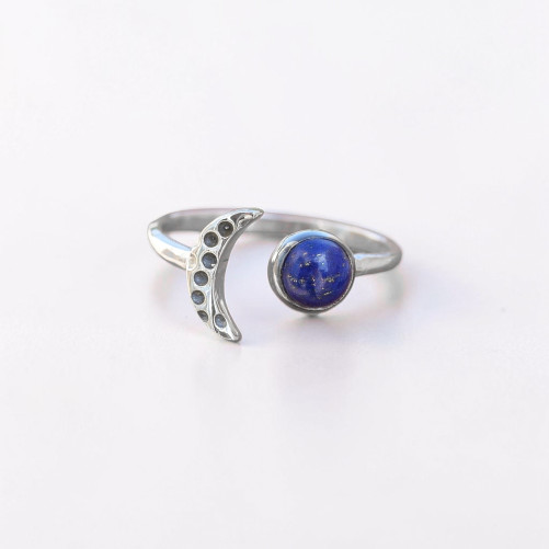 Bague fine lune argent et pierre ronde Lapis lazuli T50/52/54/57/60
