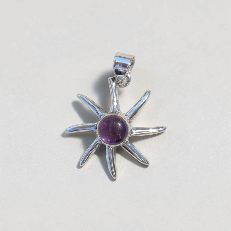 Pendentif soleil argent et pierre Améthyste ronde