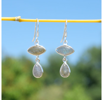 Boucles d'oreilles 2 pierres Labradorite et argent