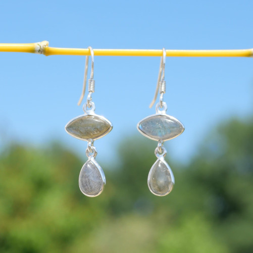 Boucles d'oreilles 2 pierres Labradorite et argent