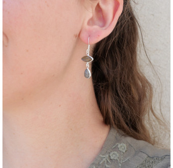 Boucles d'oreilles 2 pierres Labradorite et argent