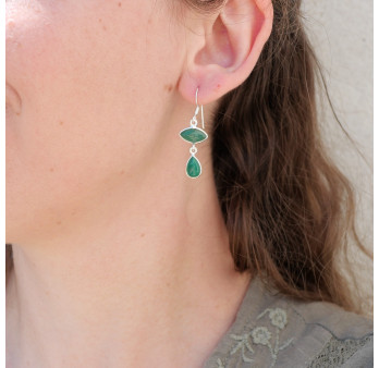 Boucles d'oreilles 2 pierres Agate verte et argent