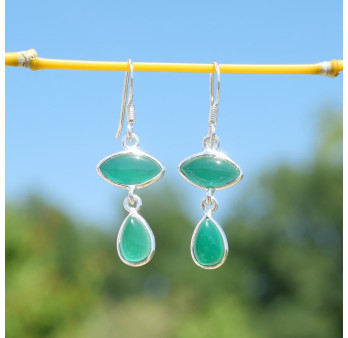 Boucles d'oreilles 2 pierres Agate verte et argent