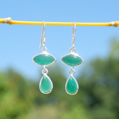Boucles d'oreilles 2 pierres Agate verte et argent