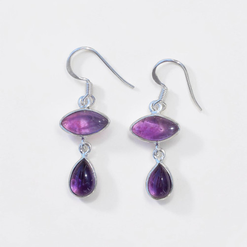 Boucles d'oreilles 2 pierres Améthyste et argent