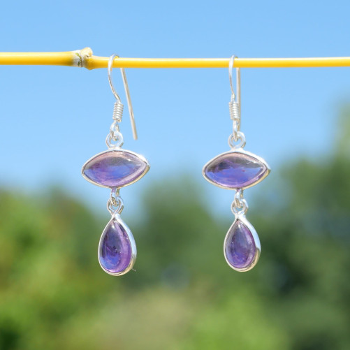 Boucles d'oreilles 2 pierres Améthyste et argent