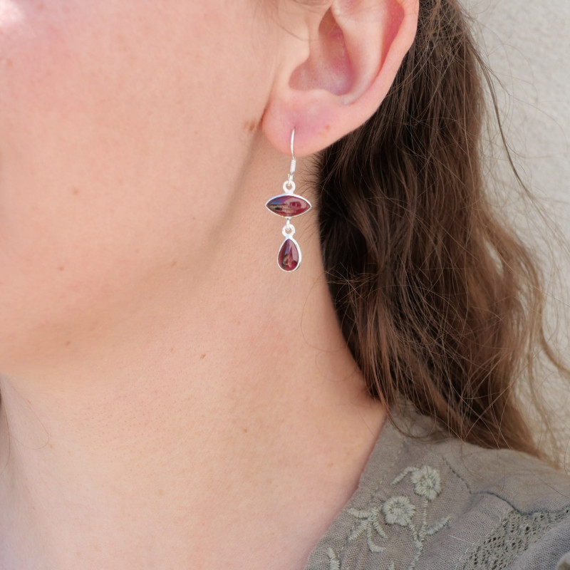Boucles d'oreilles 2 pierres Grenat et argent