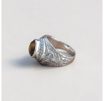 Chevalière Homme Faucon argent et pierre Oeil de tigre T59
