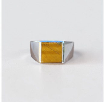 Chevalière Homme argent lisse et pierre carrée Oeil de tigre T60