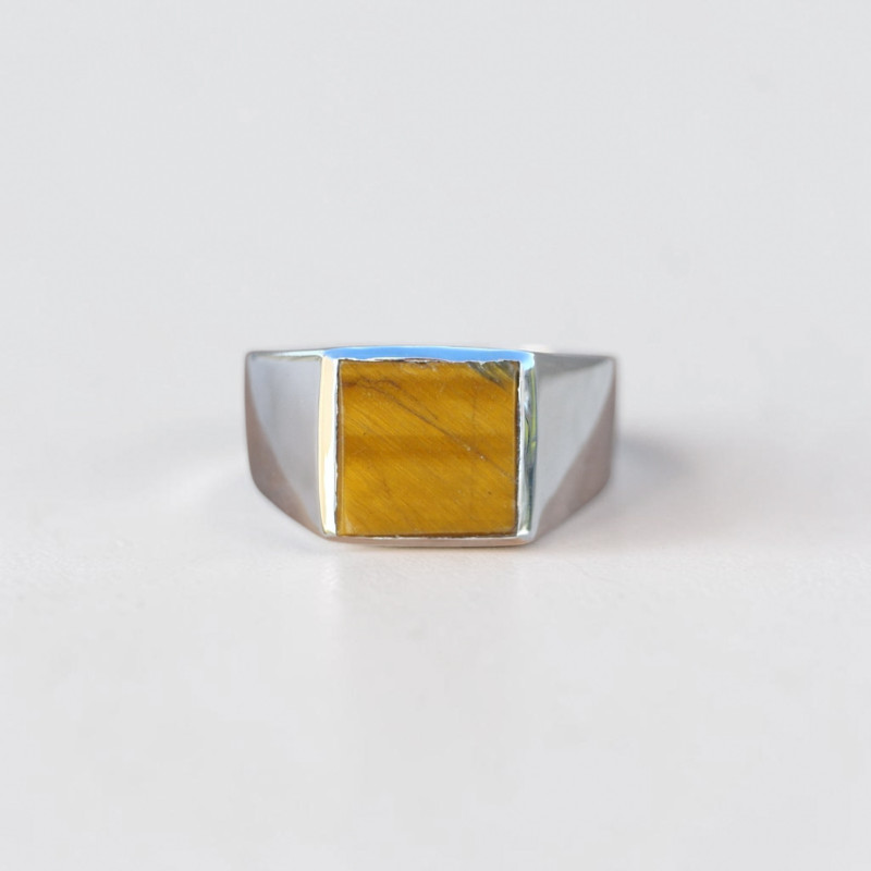 Chevalière Homme argent lisse et pierre carrée Oeil de tigre T60