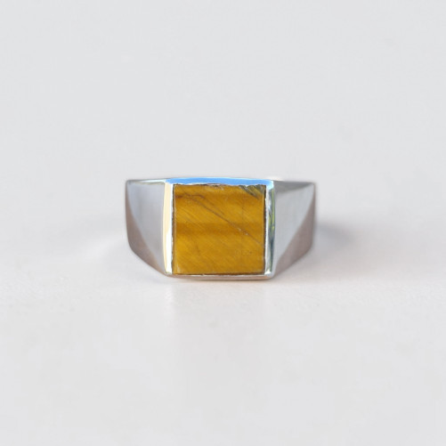 Chevalière Homme argent lisse et pierre carrée Oeil de tigre T60