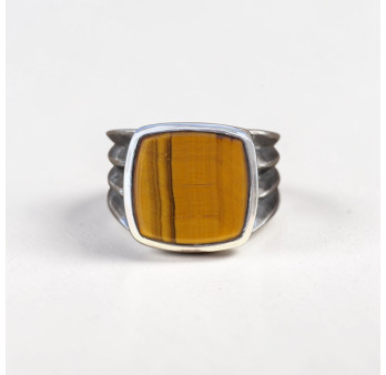 Chevalière Homme argent oxydé et pierre carrée Oeil de tigre (brun) T66