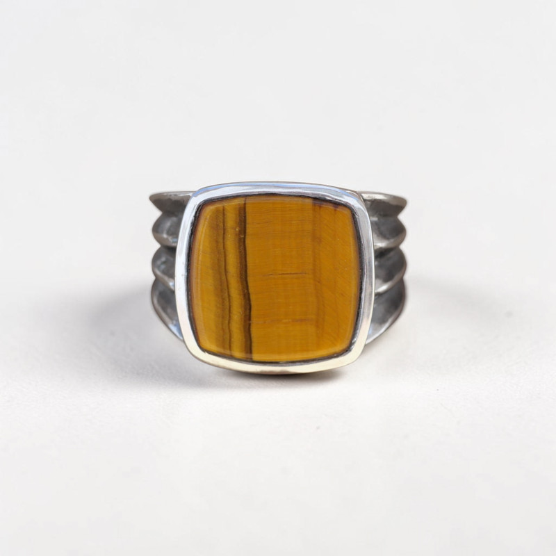 Chevalière Homme argent oxydé et pierre carrée Oeil de tigre (brun) T66