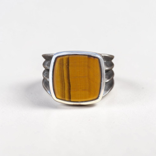 Chevalière Homme argent oxydé et pierre carrée Oeil de tigre (brun) T66