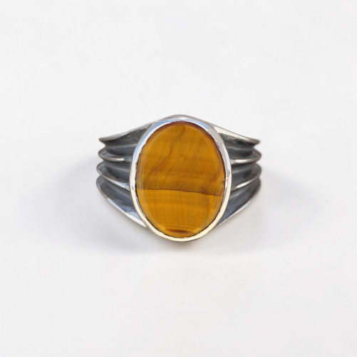 Chevalière Homme argent oxydé et pierre Oeil de tigre (brun) T60