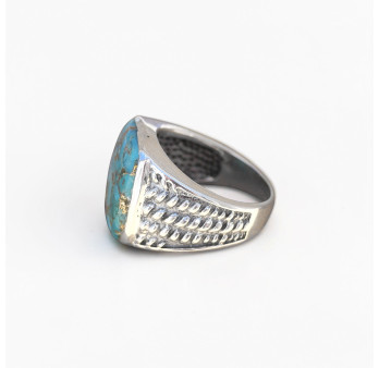 Chevalière Homme argent ciselé et pierre carrée Turquoise (bleu) T60