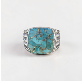 Chevalière Homme argent ciselé et pierre carrée Turquoise (bleu) T60