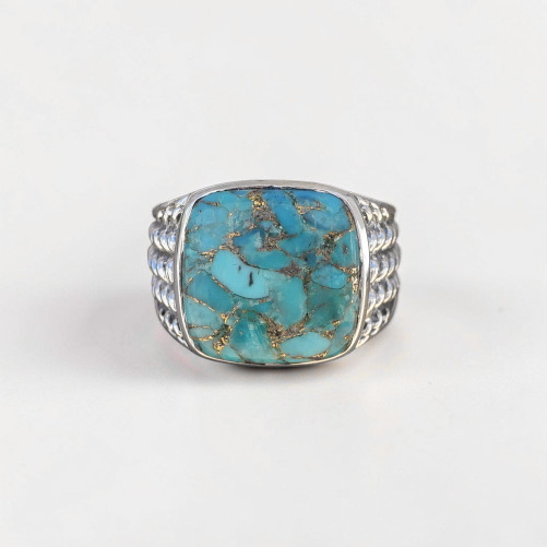 Chevalière Homme argent ciselé et pierre carrée Turquoise (bleu) T60