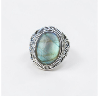 Bague large argent ciselé et pierre ovale Labradorite T61
