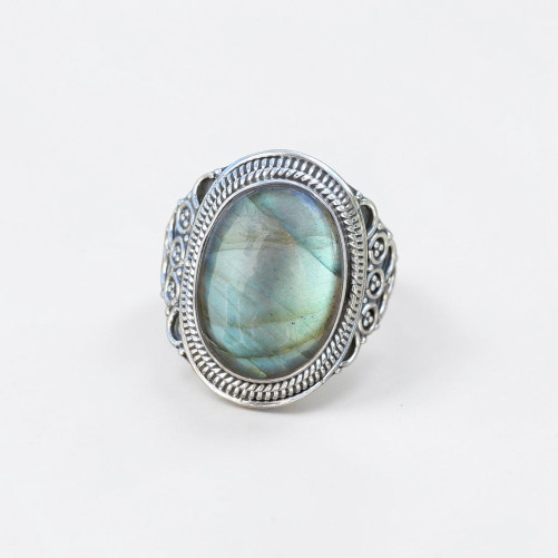 Bague large argent ciselé et pierre ovale Labradorite T61