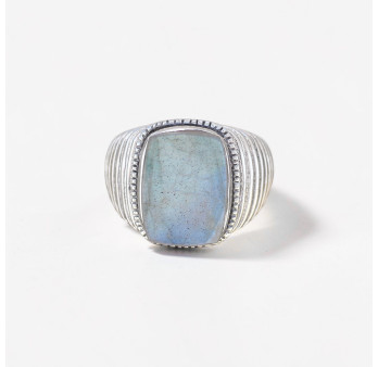 Chevalière Homme argent strié et pierre plate Labradorite (bleu) T62