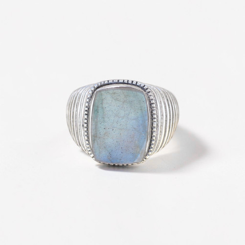 Chevalière Homme argent strié et pierre plate Labradorite (bleu) T62