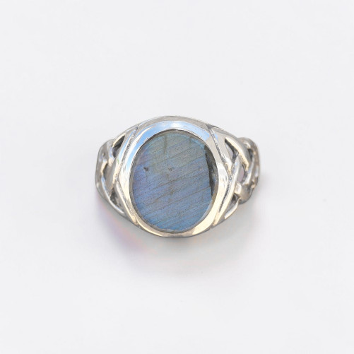 Chevalière Homme viking argent et pierre plate Labradorite (bleu) T63/66