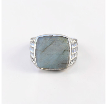 Chevalière Homme argent ciselé et pierre carrée Labradorite (bleu) T59