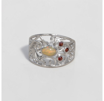 Bague large ajourée argent pierre Opale et Grenat T53/56/59