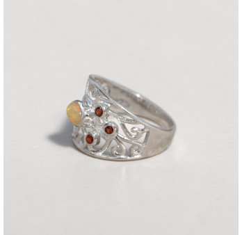 Bague large ajourée argent pierre Opale et Grenat T53/56