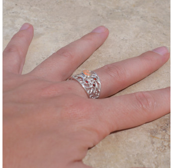 Bague large ajourée argent pierre Opale et Grenat T53/56