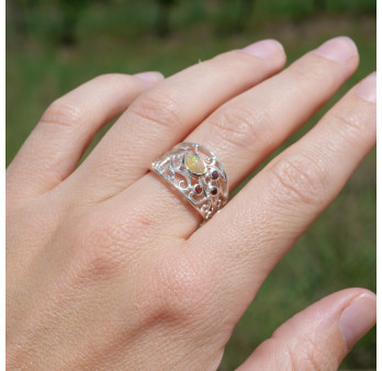 Bague large ajourée argent pierre Opale et Grenat T53/56
