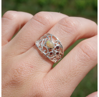 Bague large ajourée argent pierre Opale et Grenat T53/56