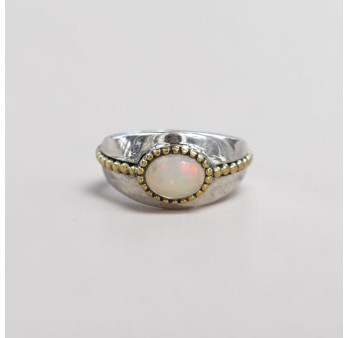 Bague argent lisse laiton doré et pierre Opale T53
