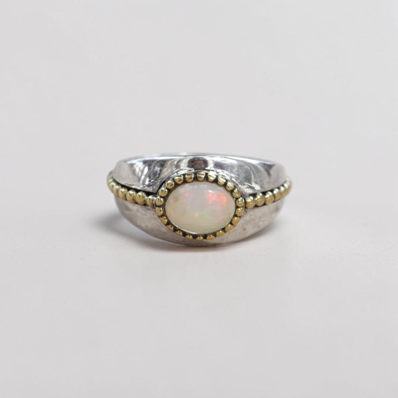 Bague argent lisse laiton doré et pierre Opale T53