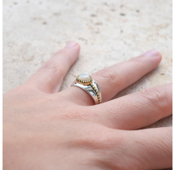 Bague argent lisse laiton doré et pierre Opale T53