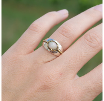 Bague argent lisse laiton doré et pierre Opale T53