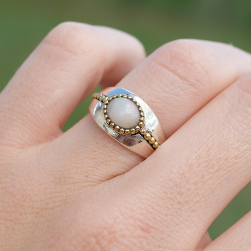 Bague argent lisse laiton doré et pierre Opale T53