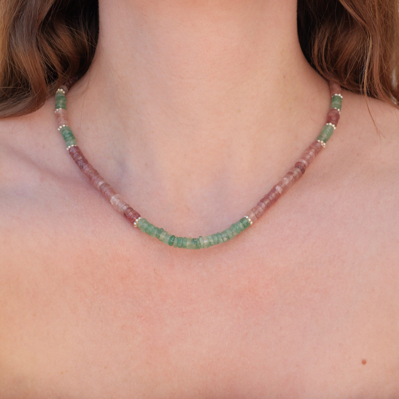 Collier tranches pierres Quartz strawberry rose et vert anneaux argent