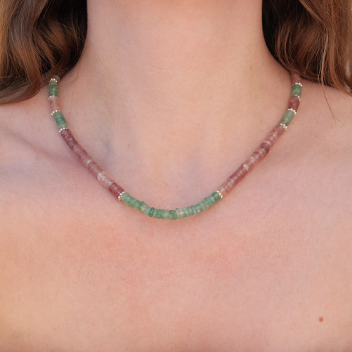 Collier tranches pierres Quartz strawberry rose et vert anneaux argent
